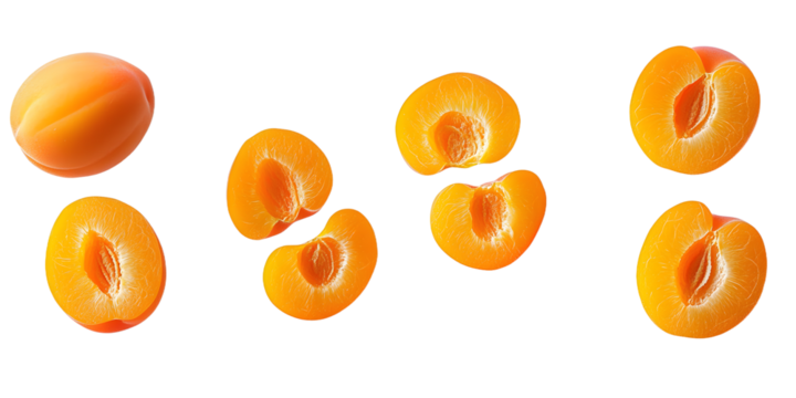 Generative ai is used to depict isolated apricot halves on a transparent background