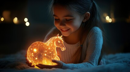 Naklejka premium Child Holds Luminous Unicorn Lamp