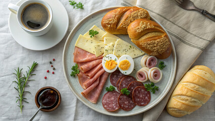 Traditional German Breakfast with Pretzels, Sausages, Cheese, Cold Cuts, Boiled Eggs, and Fresh Vegetables on Rustic Wooden Table