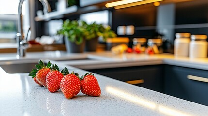 Soft warm-lit strawberries resting on edge of sink counter, background blur of minimal kitchen with muted colors and ceramic finishes
