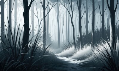 Obraz premium Misty forest pathway at dawn with silhouetted trees and soft light