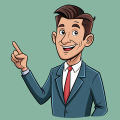 Business man pointing finger at something. Happy face. Hand drawn style vector design illustrations. 