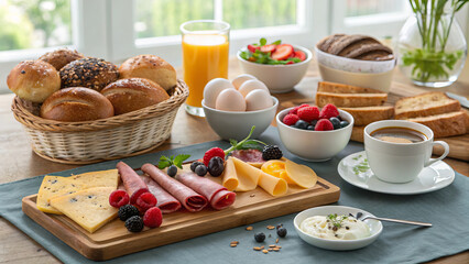 Traditional German Breakfast with Pretzels, Sausages, Cheese, Cold Cuts, Boiled Eggs, and Fresh Vegetables on Rustic Wooden Table