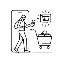 shopper using a smartphone icon, shopper using a smartphone line art - simple line art of shopper using a smartphone, perfect for shopper using a smartphone logos and icons