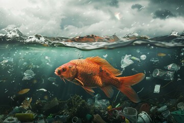 Obraz premium Goldfish Swimming in Polluted Water Under Overcast Sky