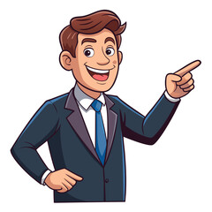 Business man pointing finger at something. Happy face. Hand drawn style vector design illustrations. 