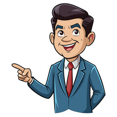 Business man pointing finger at something. Happy face. Hand drawn style vector design illustrations. 