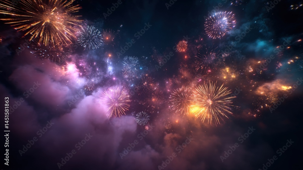 Leinwandbilder Stunning display of colorful fireworks bursting in the night sky creating a magical atmosphere : Generative AI
