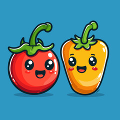 cute cartoon pepper and tomato on a white background, vector illustration