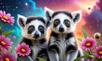 Adorable lemurs with vibrant flowers against a colorful galaxy backdrop