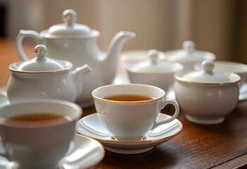 wooden table topped with white cups and saucers