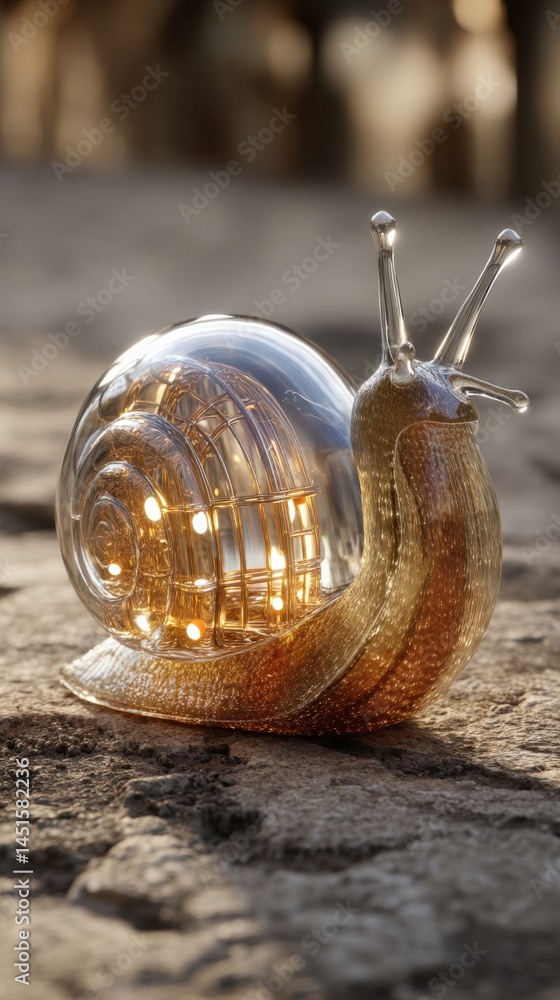 Poster elegant glass snail sculpture with soft lighting on a natural stone background : generative ai