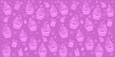 Happy birthday. Seamless wrapping paper. Menu design. Template for a baking shop, cafe. Seamless pattern with cupcakes. Horizontal banner. Vector Illustration
