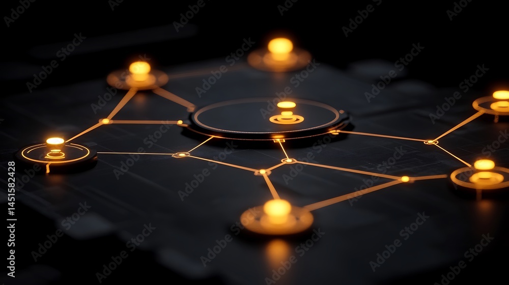 Poster futuristic dark connected network with glowing nodes and orange lines