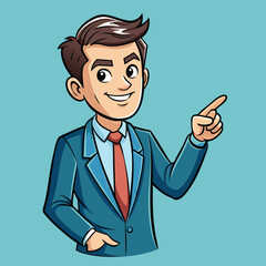 Business man pointing finger at something. Happy face. Hand drawn style vector design illustrations. 