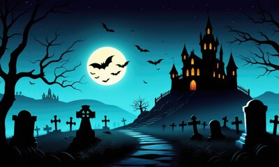 Spooky halloween night with moonlit haunted castle and flying bats