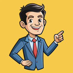 Business man pointing finger at something. Happy face. Hand drawn style vector design illustrations. 