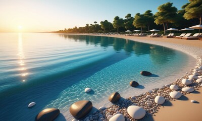 Obraz premium Serene sunrise over a tranquil beach with clear waters and sheltered sun loungers