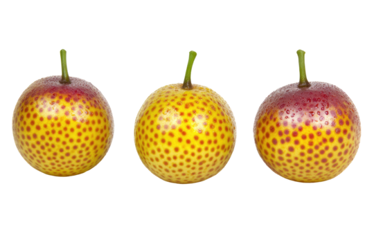 Three vibrant, round fruits, displaying a pattern of red dots on a yellow background  Each fruit has a small stem