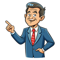 Business man pointing finger at something. Happy face. Hand drawn style vector design illustrations. 