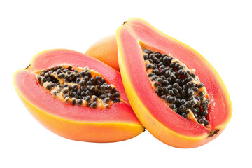 Two halves of a papaya, showing the vibrant pink-red flesh and black seeds