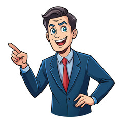 Business man pointing finger at something. Happy face. Hand drawn style vector design illustrations. 