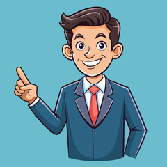 Business man pointing finger at something. Happy face. Hand drawn style vector design illustrations. 