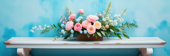 Elegant floral arrangement in wooden box against a blue backdrop