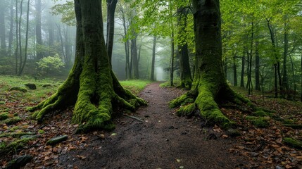 Obraz premium Two large trees frame a path through a misty green forest
