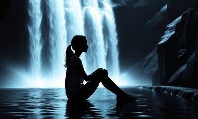 Fototapeta premium Serene silhouette of a woman by a majestic waterfall in moonlit landscape