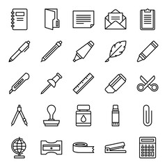 stationery outline icon set. office tools black line icon set.