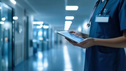 Healthcare professional using a digital tablet in a modern hospital hallway for patient monitoring and data analysis.