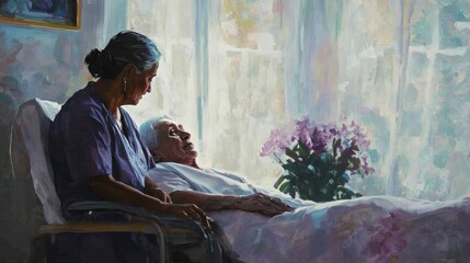 Nurturing assistance - nurse tends to retired senior citizen, essential healthcare, emotional support, practical aid, fostering a dignified, comfortable living environment for the elderly.