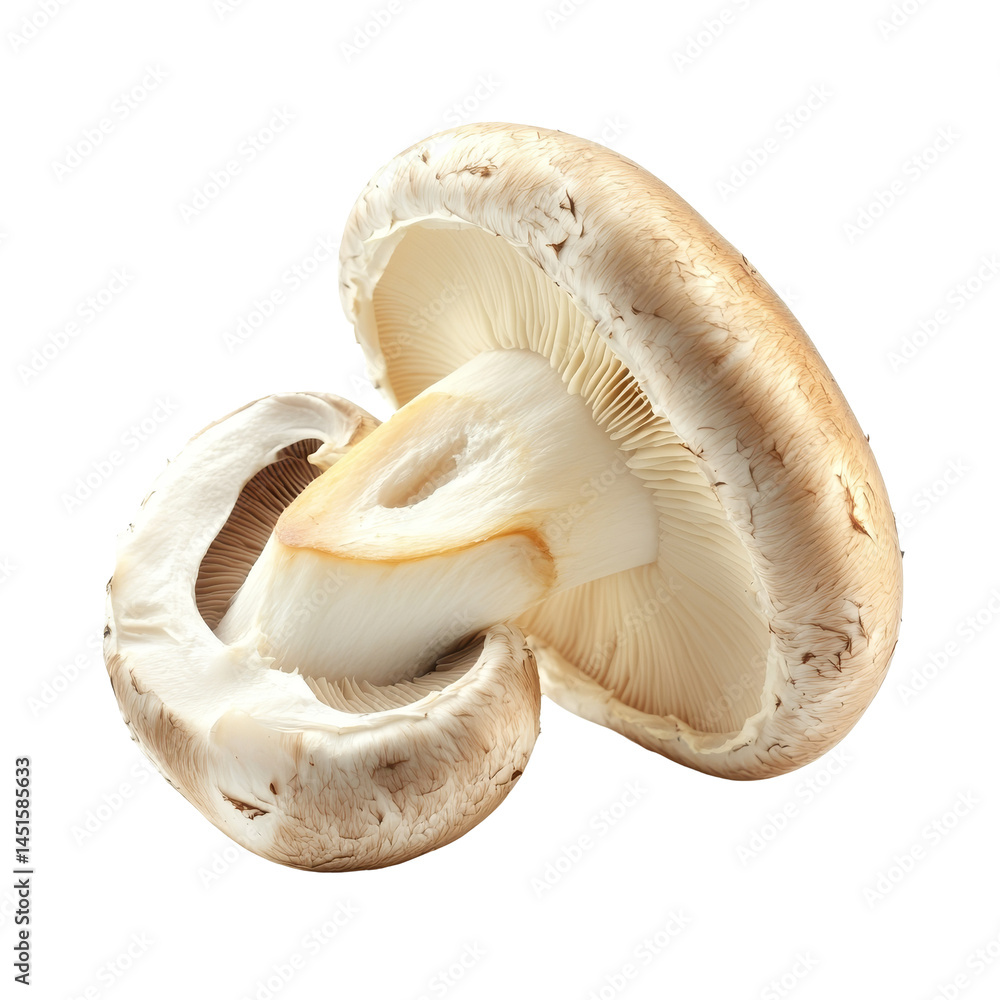 Poster fresh champignon mushrooms half sliced and isolated on a transparent background for culinary use and