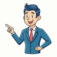Business man pointing finger at something. Happy face. Hand drawn style vector design illustrations. 