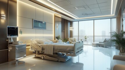 Premium VIP hospital room with high-tech medical devices and sophisticated decor.