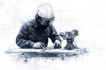 Detailed illustration of a worker meticulously examining equipment.