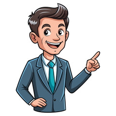 Business man pointing finger at something. Happy face. Hand drawn style vector design illustrations. 