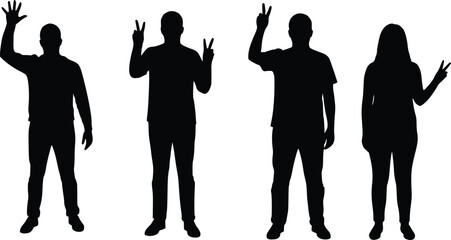 Silhouette illustration of four individuals standing side by side, each making distinct hand gestures, including open palms and peace signs, symbolizing expression and unity