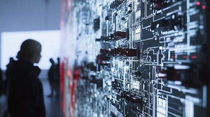 Obraz premium Futuristic Electronic Circuit Board Wall with People in Background