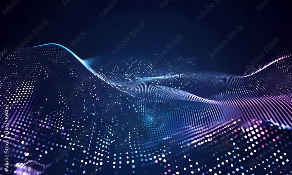 Poster abstract digital wave of glowing particles and energy flows in a dark background.