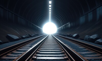 Fototapeta premium Railway tracks leading through a dark tunnel towards bright light