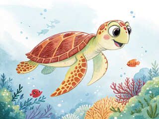 Naklejka premium Watercolor cartoon sea turtle gliding through the sea with a smile.