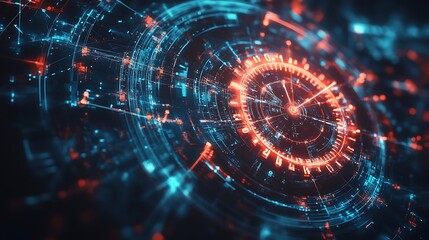 Obraz premium A line chart of hormone fluctuations animated with energy pulses, merging into the gears of a ticking clock on the right. Background: neural network mesh. Futuristic biotech concept. --ar 16:9