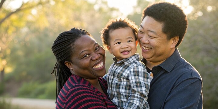 African American Mom and Asian Dad with Cheerful Child in Warm Natural Light