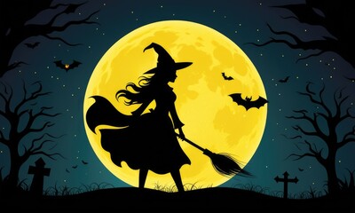 Enchanting witch silhouette against glowing full moon on spooky halloween night