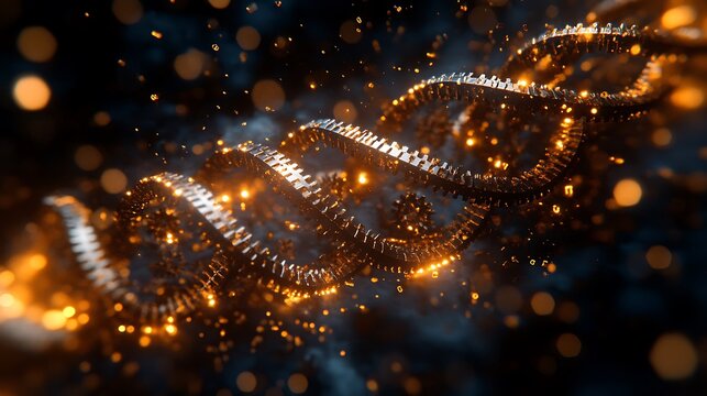 Close-up of a DNA double helix unraveling into a series of golden clock gears, each base pair becoming a cog. Background is a dark void with glowing particle trails. Futuristic lighting, high detail.