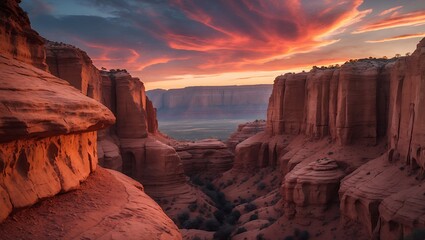 Fototapeta premium Majestic Canyon Landscape with Striking Red Rock Formations at Sunset
