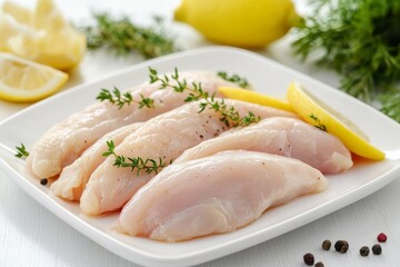 Photo of Fresh chicken on a white plate in a minimalist kitchen  , Generative AI
