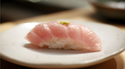 Single Slice of Fresh Hamachi Nigiri with Wasabi Garnish on Elegant Plate